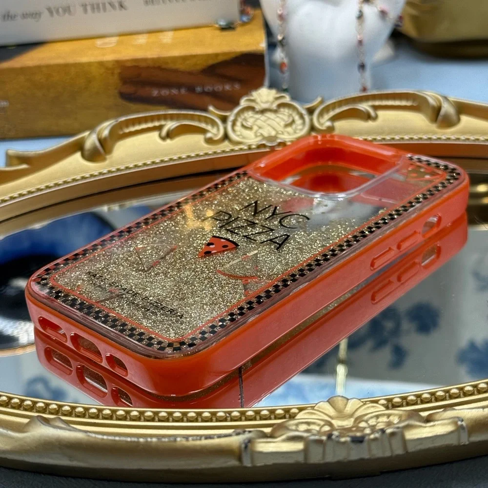 🆕 KATE SPADE NEW YORK 🧿 NWOT Pizza Box iPhone 14 Pro Case, Orange Glitter